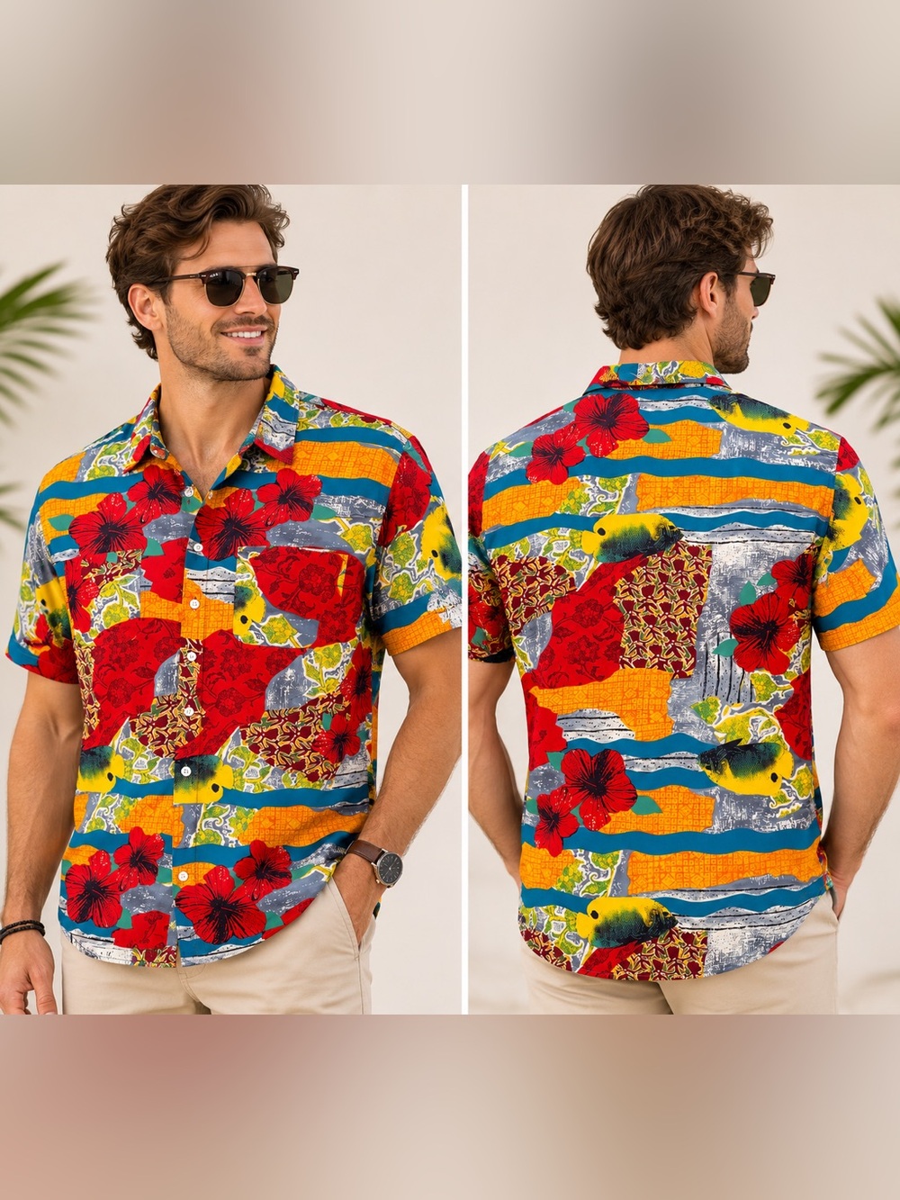 Island Life by Catalina Hawaiian Aloha Tropical Fish Floral Button Front Shirt